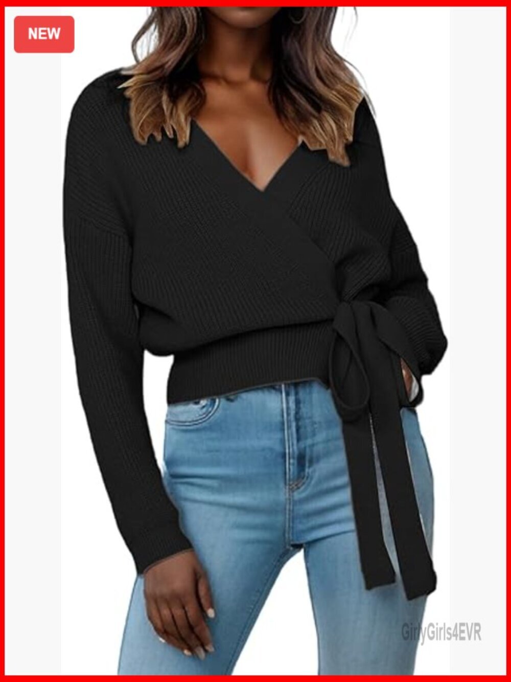 Lightweight Ribbed V Neck Wrap Sweater Drop Shoulder Pullover